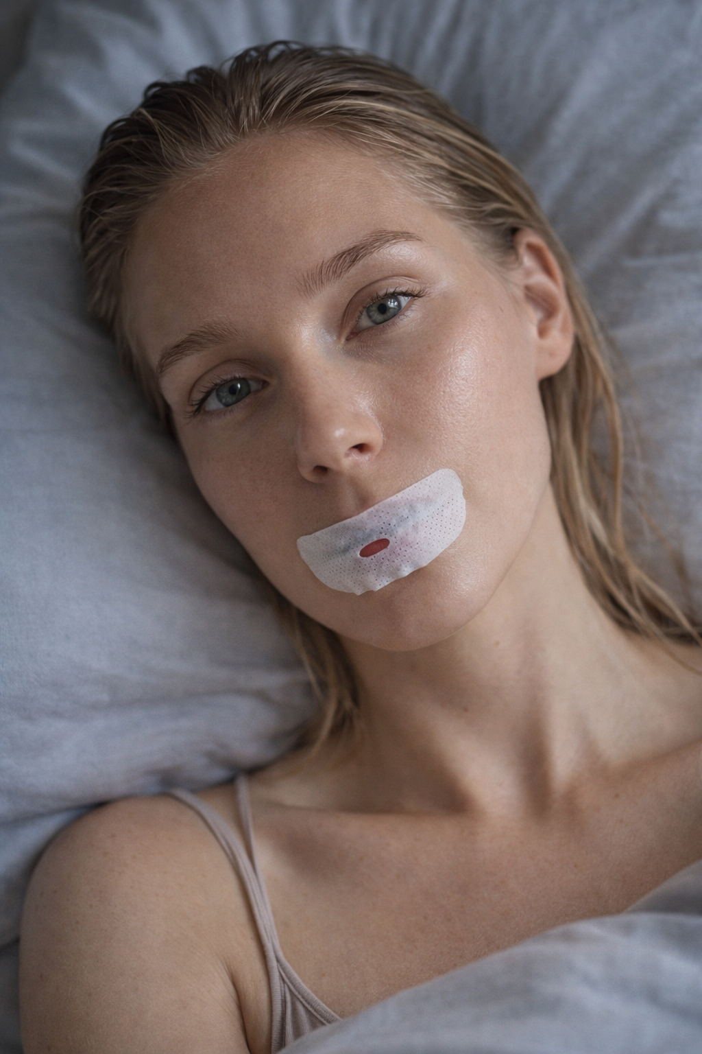 Woman sleeping with oi tape mouth tape applied for nasal breathing