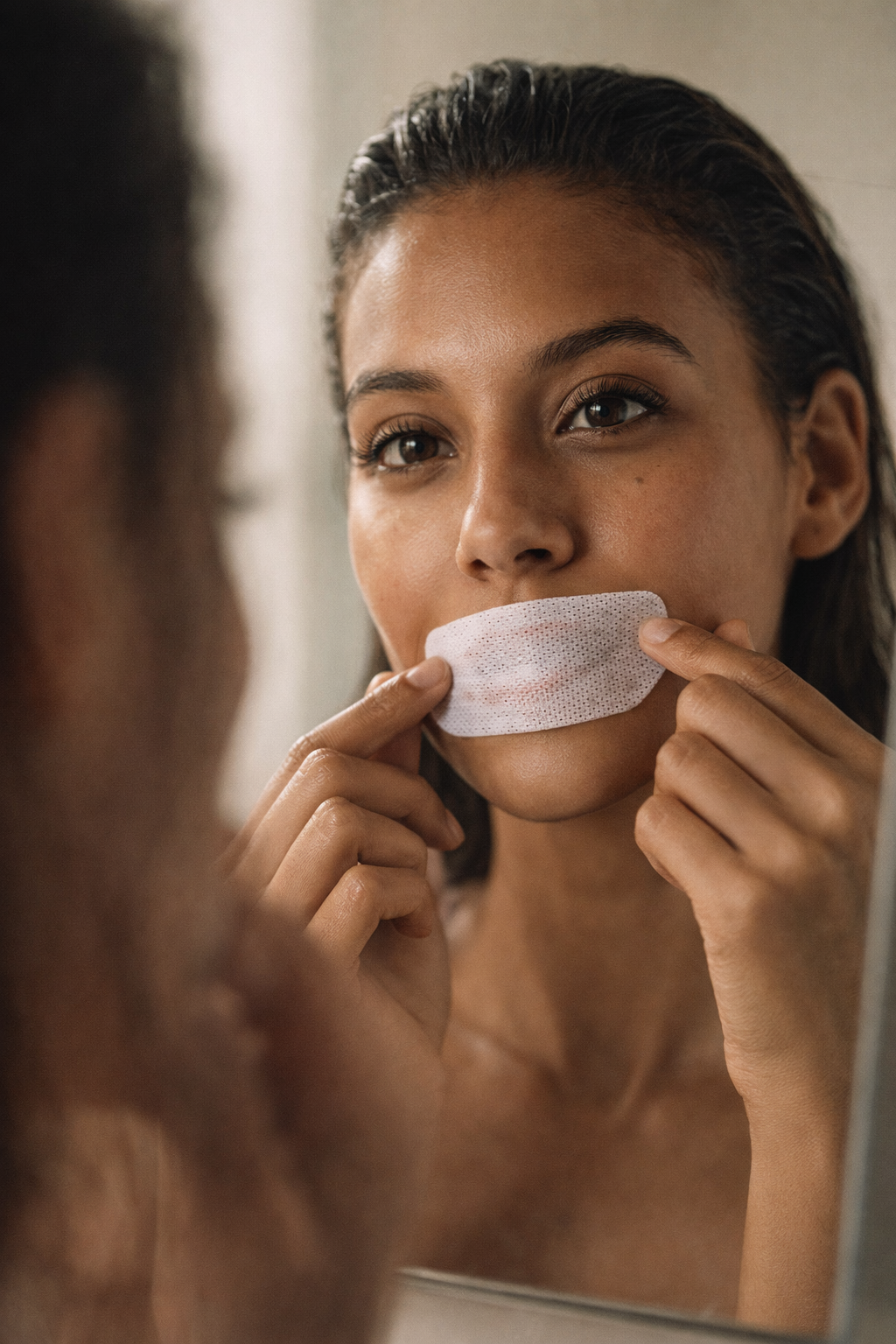 Woman applying oitape vented mouth tape in front of a mirror