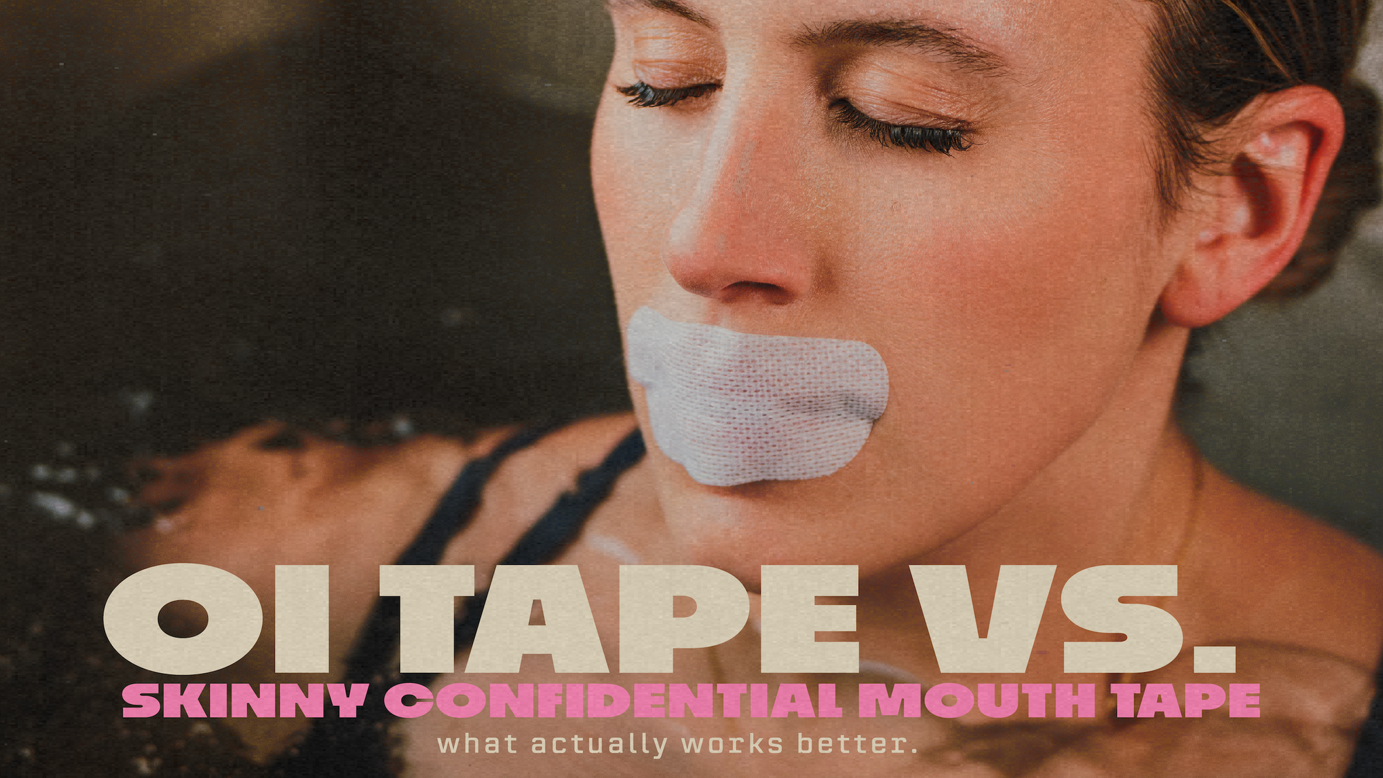 Woman with eyes closed, wearing oi tape™ mouth tape while relaxing in a ice bath, illustrating a calm and restorative moment for comparison with Skinny Confidential.