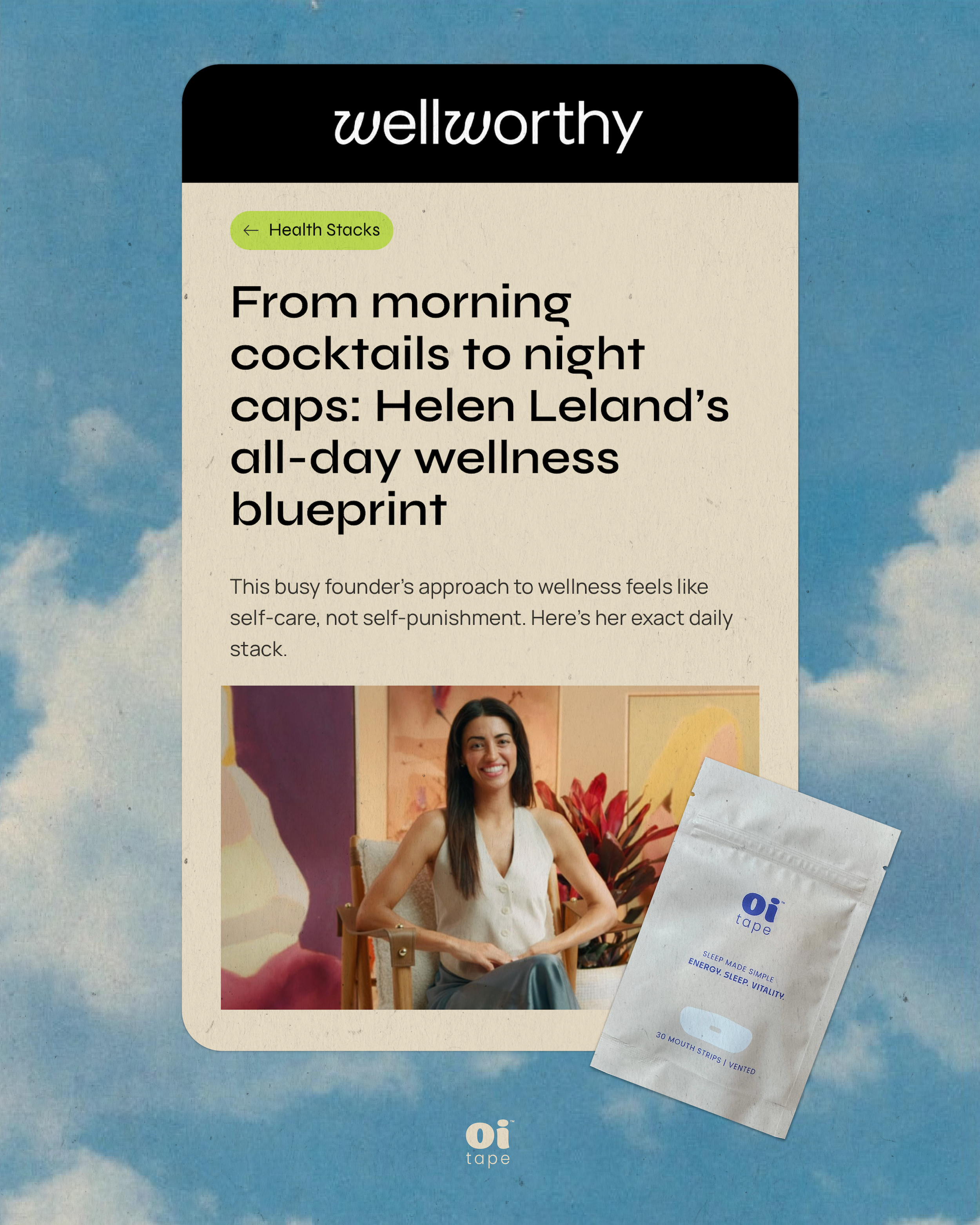 Helen Leland featured in wellness article with oi tape™ product shown.